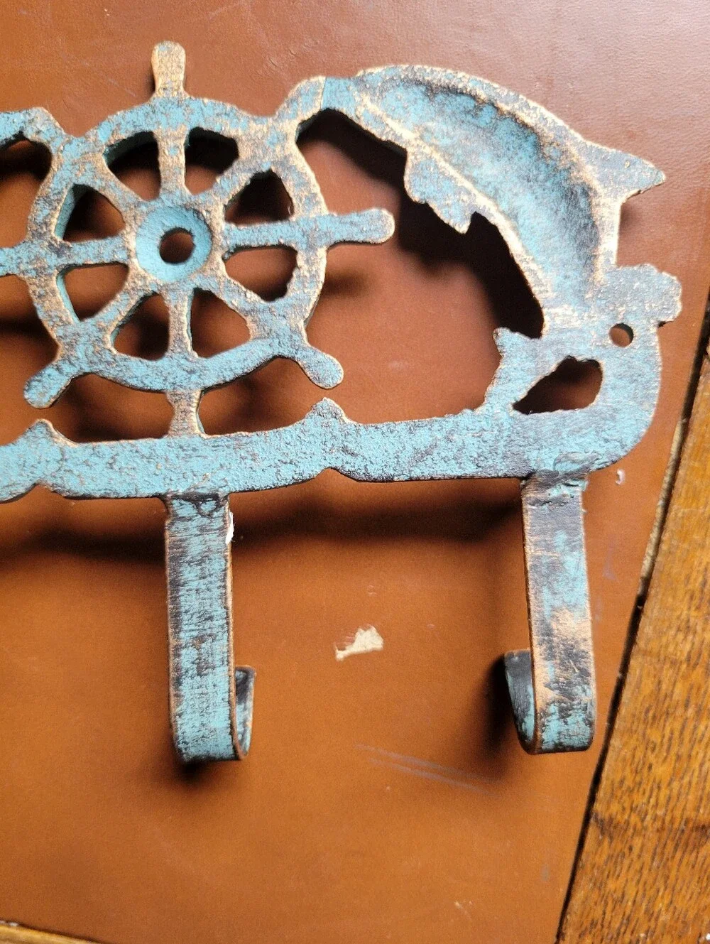 Cast Iron Nautical Dolphin and Ship's Wheel Key Hook Rack